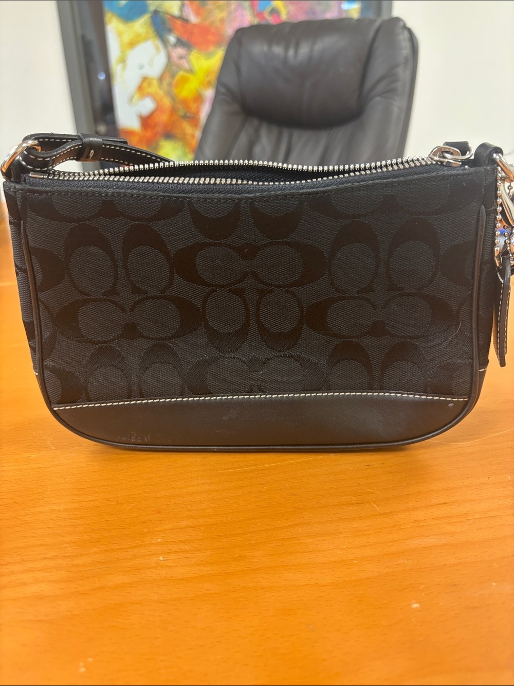 Coach Black Signature Jacquard shoulder bad with Leather Trim